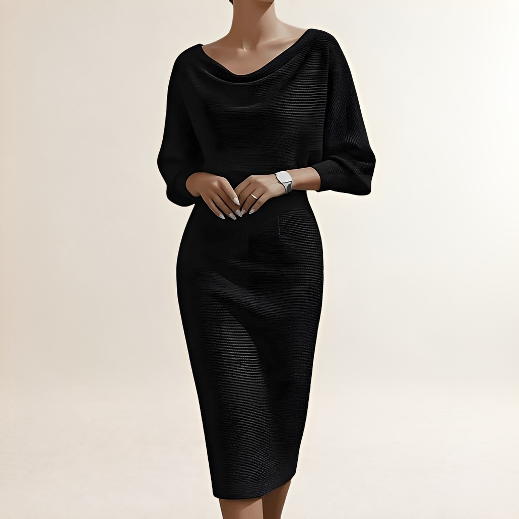 Robe midi pour femme avec col drapé, manches chauve-souris et coupe ajustée