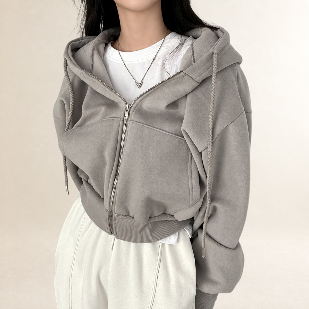 Sweat à capuche femme crop à fermeture éclair et capuche - coupe décontractée