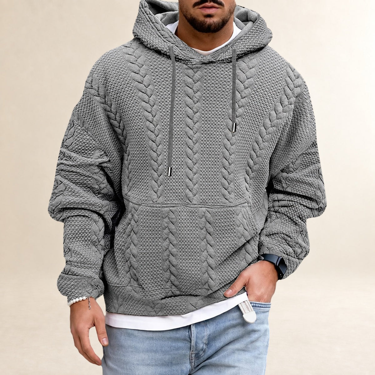 Sweat à capuche homme à texture avec poche kangourou coupe décontractée