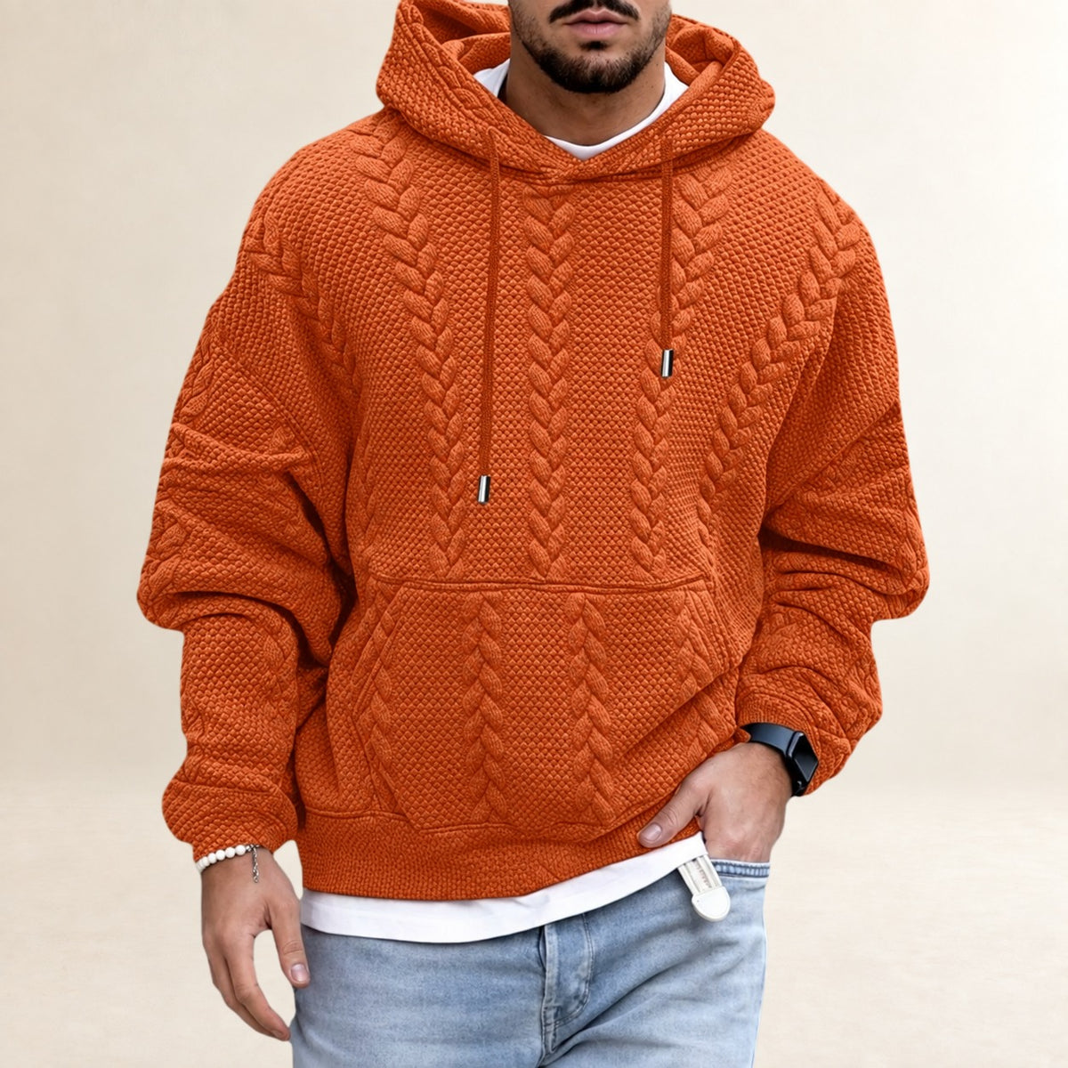 Sweat à capuche homme à texture avec poche kangourou coupe décontractée