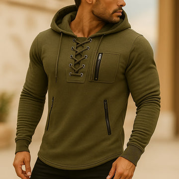 Sweat à capuche pour hommes avec laçage devant et poches zippées