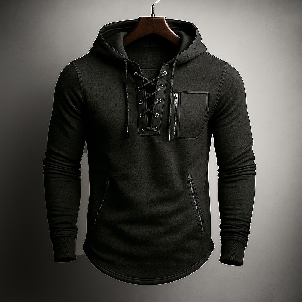 Sweat à capuche pour hommes avec laçage devant et poches zippées