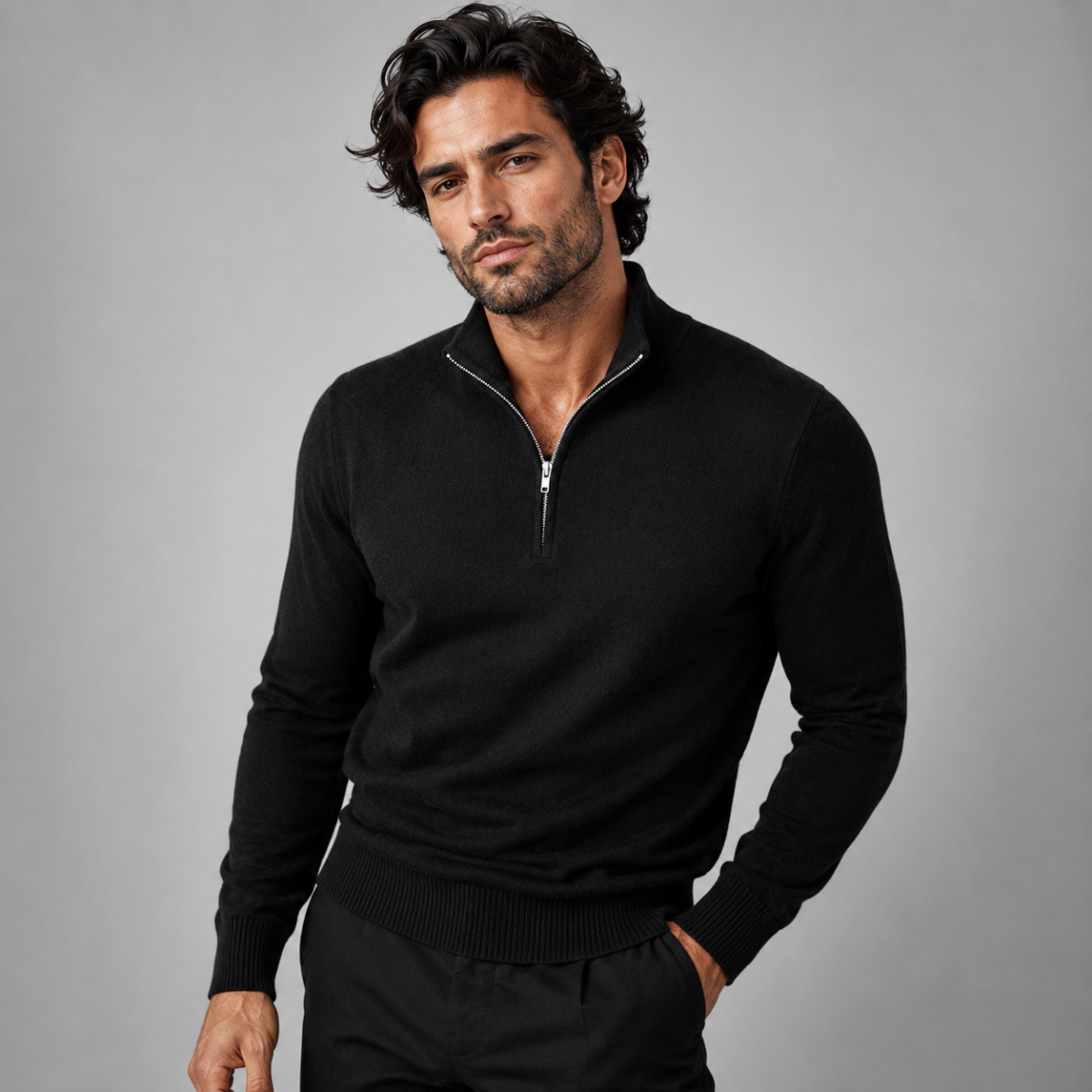 Sweatshirt homme à col montant zippé à mi-longueur coupe ajustée