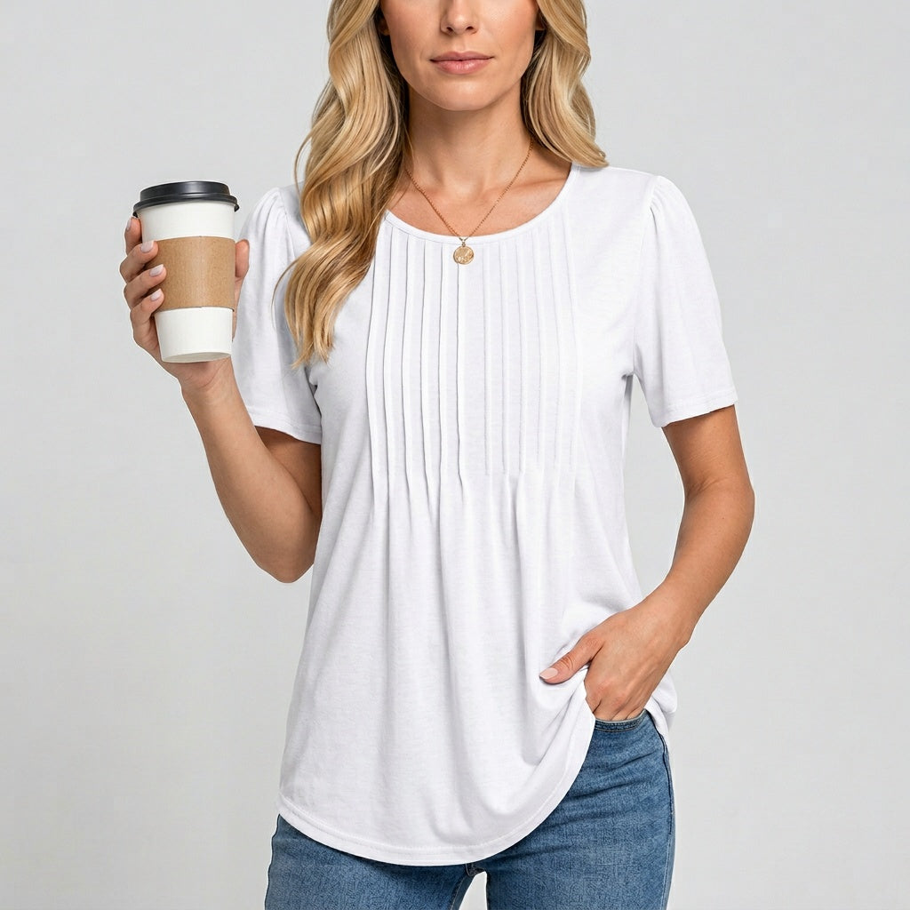 T-shirt femme à manches courtes avec plis frontaux coupe décontractée