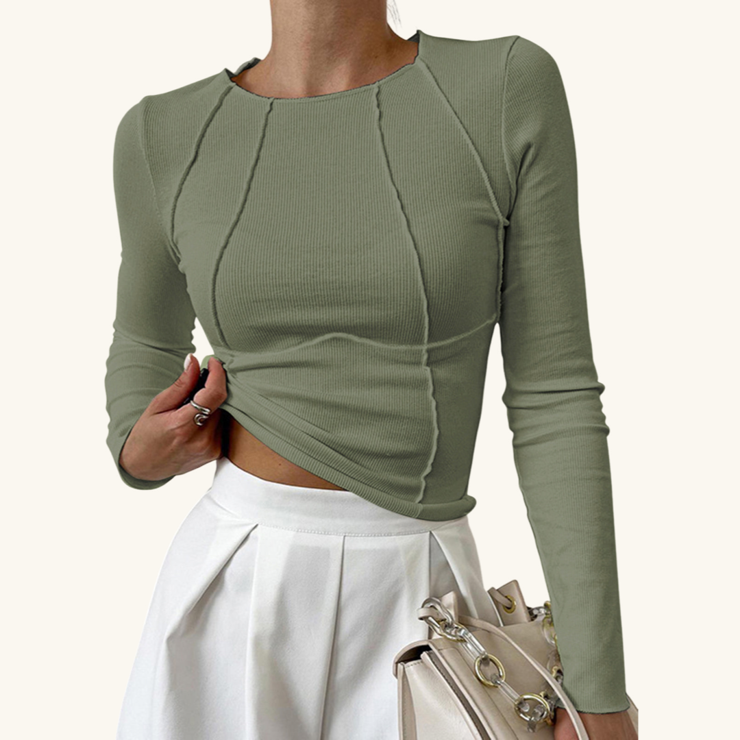 T-shirt femme à manches longues col rond coupe slim texture côtelée détails modernes