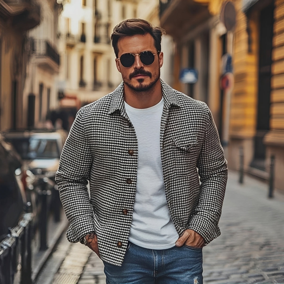 Veste chemise homme à motif pied-de-poule et coupe décontractée