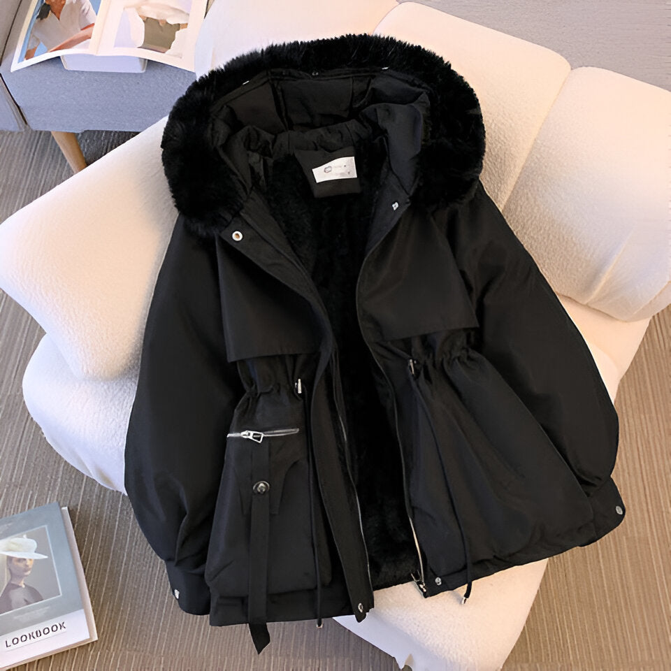Veste d'hiver pour femme à capuche coupe cintrée avec poches zippées et silhouette élégante
