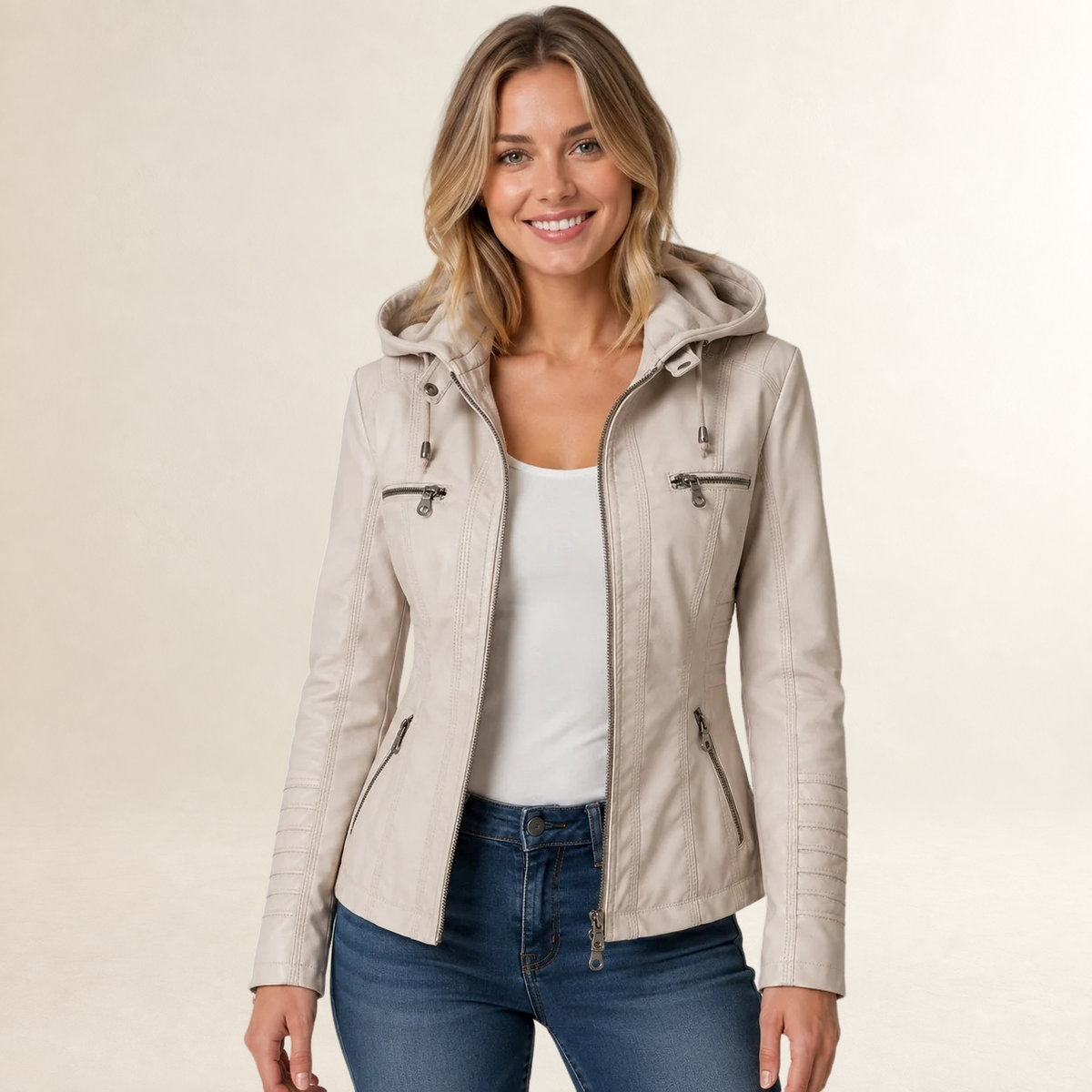 Veste femme à capuche amovible à fermeture éclair et multiples poches