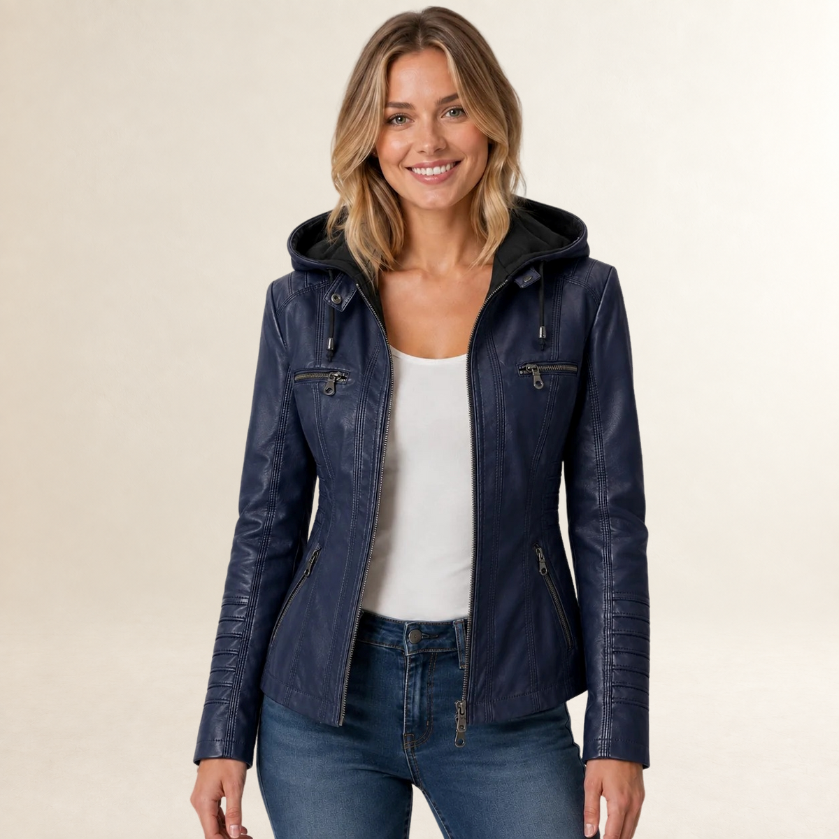 Veste femme à capuche amovible à fermeture éclair et multiples poches