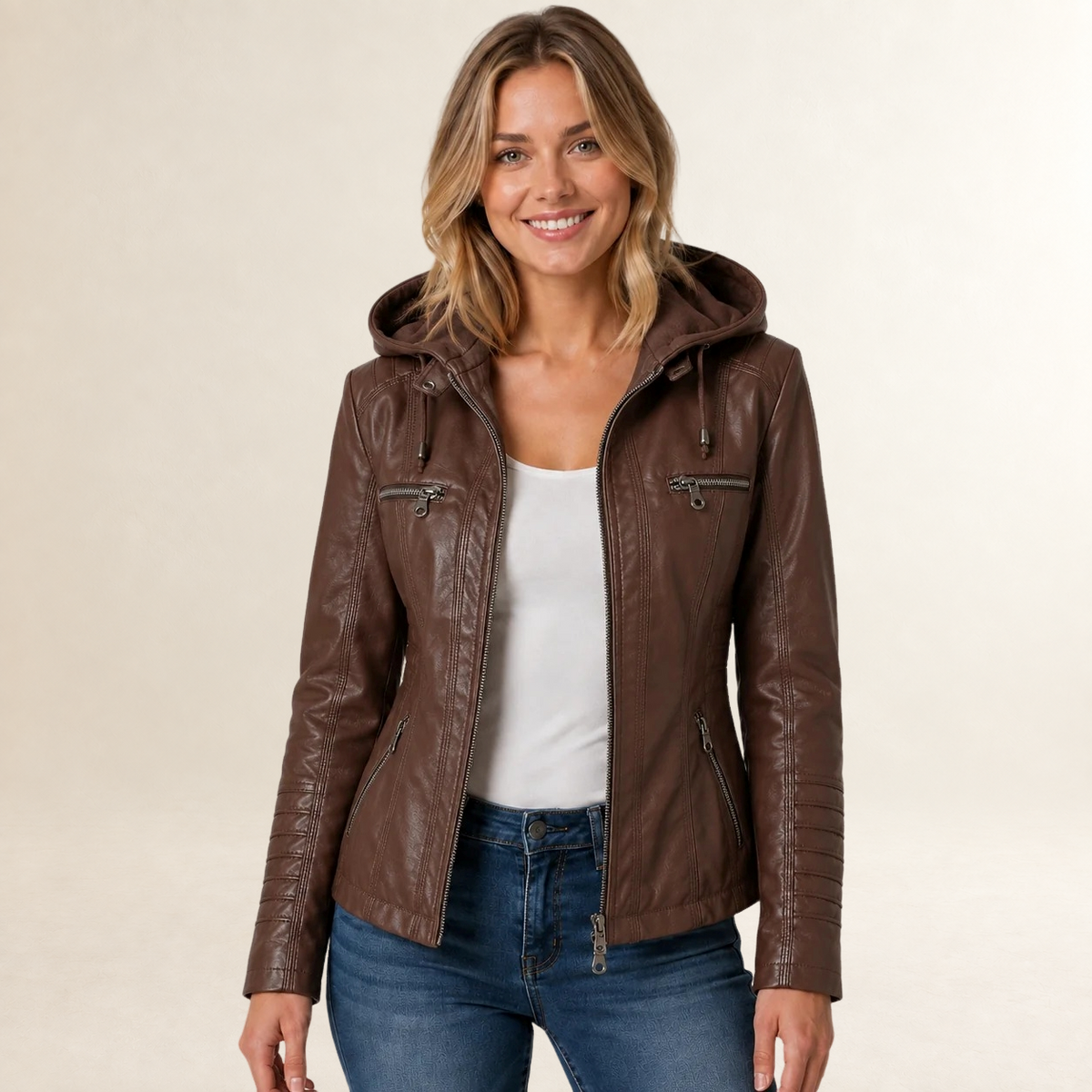 Veste femme à capuche amovible à fermeture éclair et multiples poches
