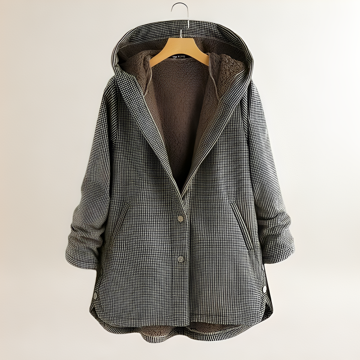 Veste femme à capuche à carreaux avec fermeture à boutons