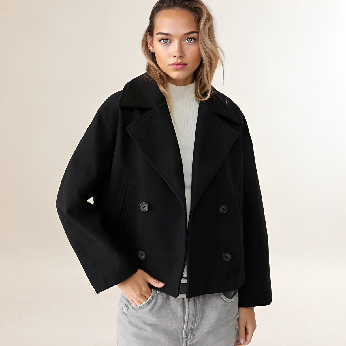 Veste femme croppée à double boutonnage col notched silhouette décontractée