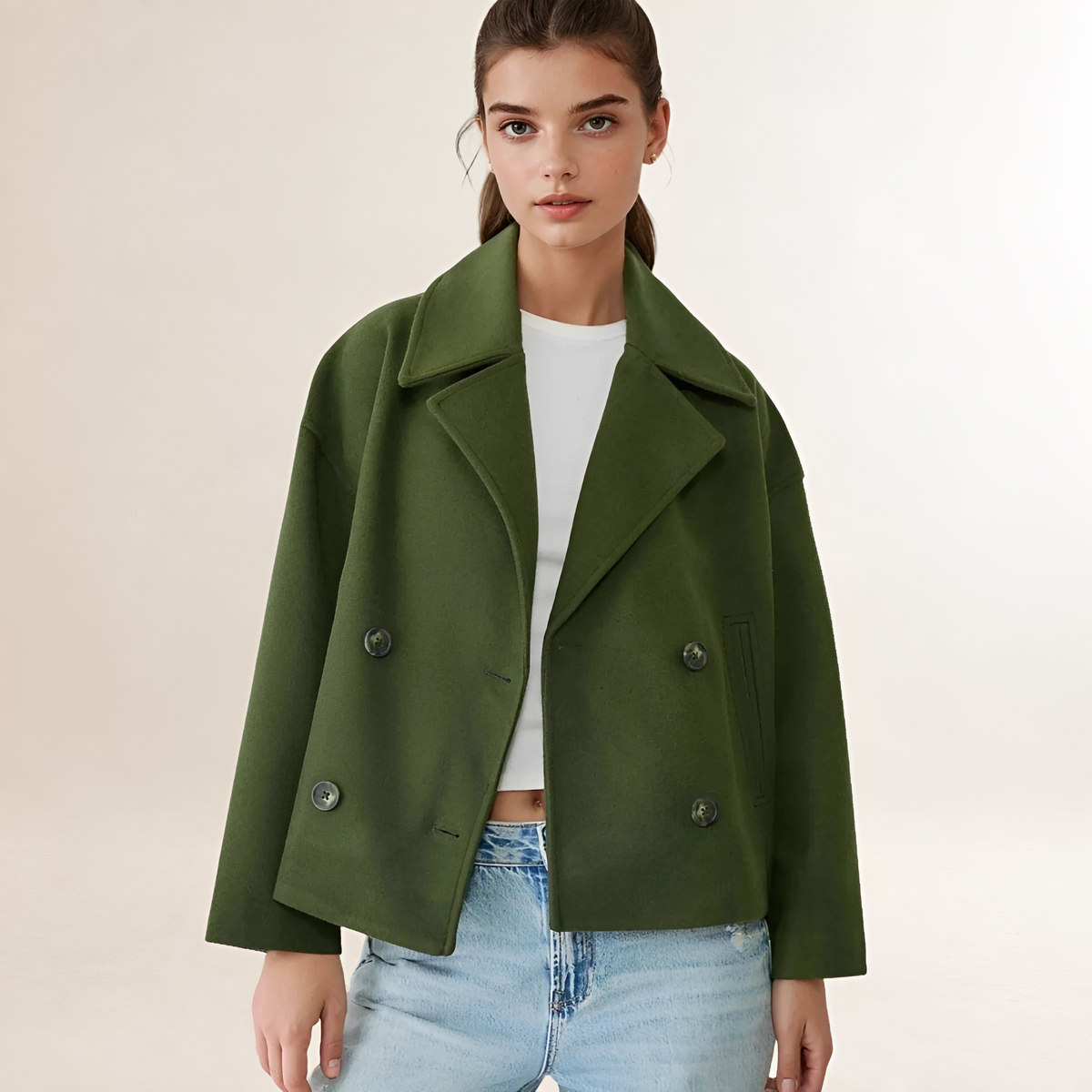 Veste femme croppée à double boutonnage col notched silhouette décontractée