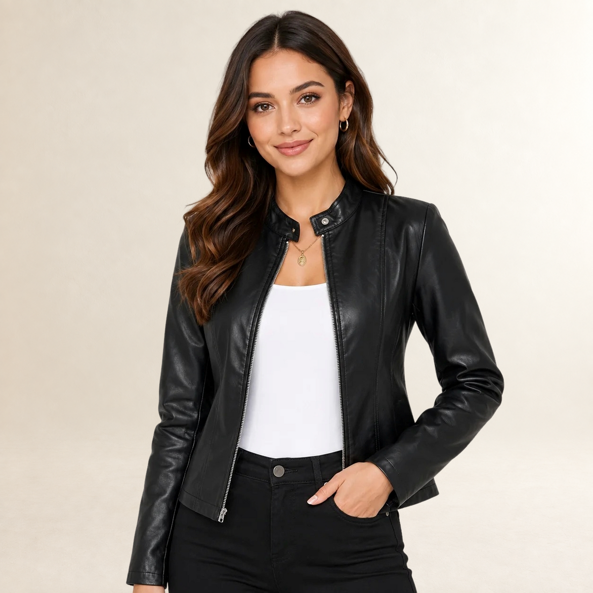 Veste femme style biker col montant fermeture éclair coupe structurée