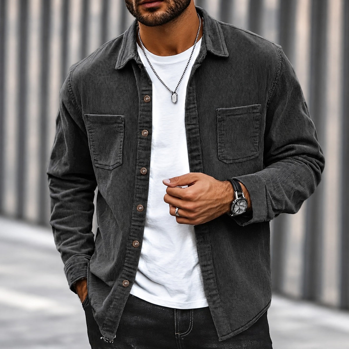 Veste homme à boutons, coupe classique, col traditionnel, poches poitrine