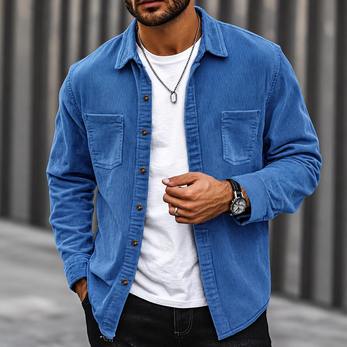Veste homme à boutons, coupe classique, col traditionnel, poches poitrine