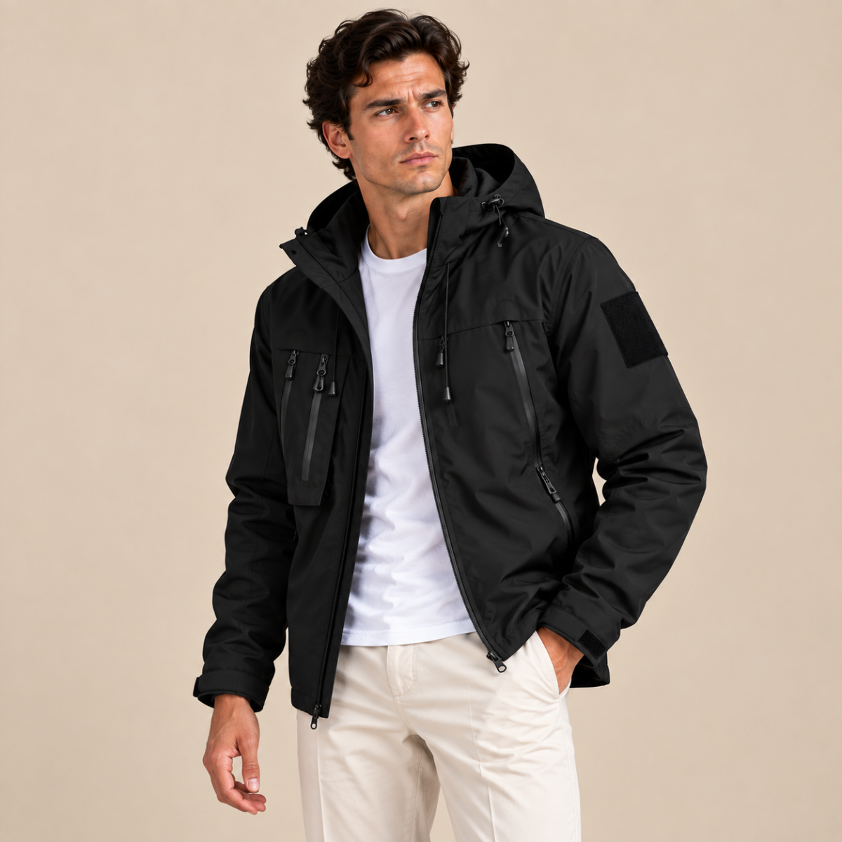 Veste homme à capuche légère à fermeture éclair complète coupe régulière