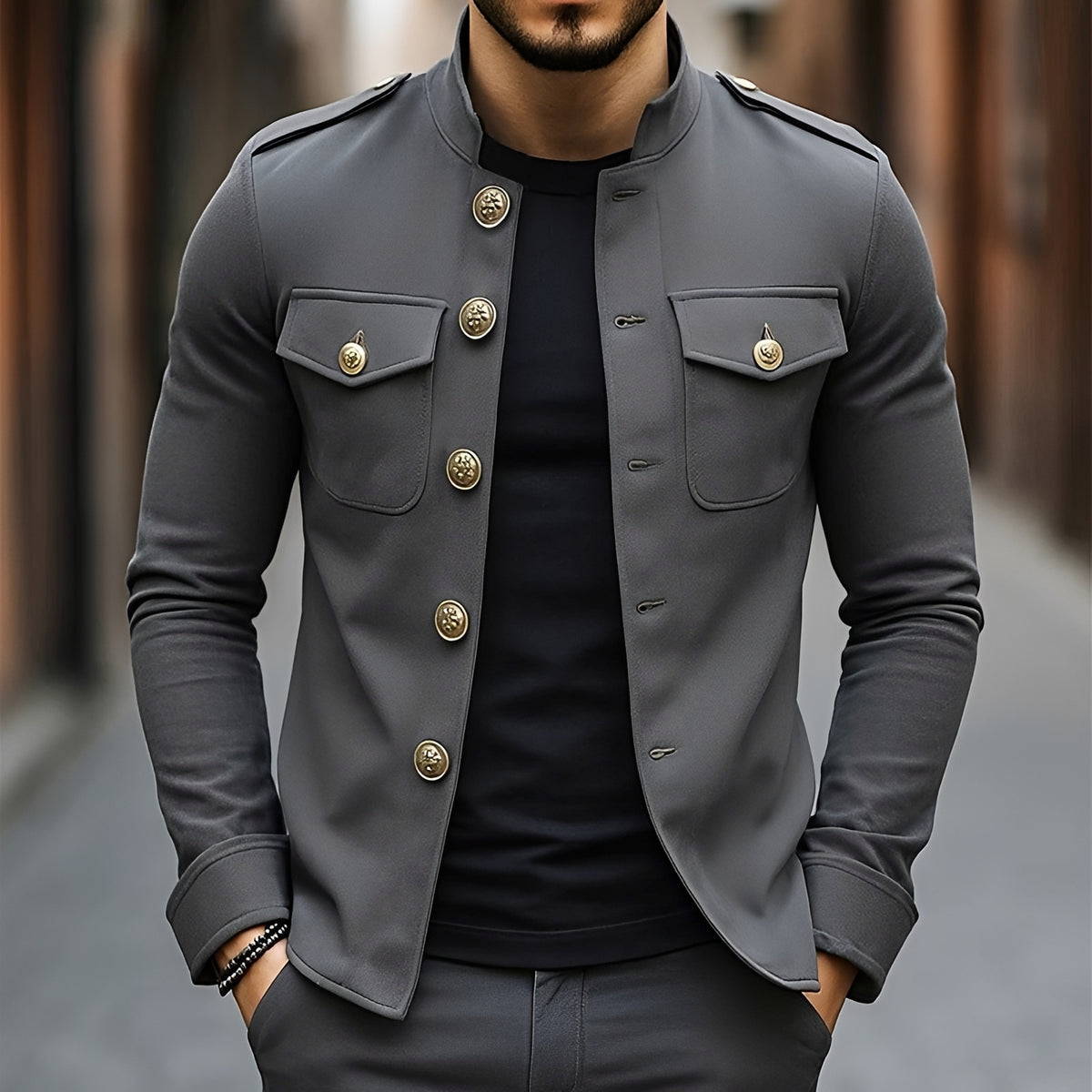 Veste homme style militaire à boutons, col montant et longues manches