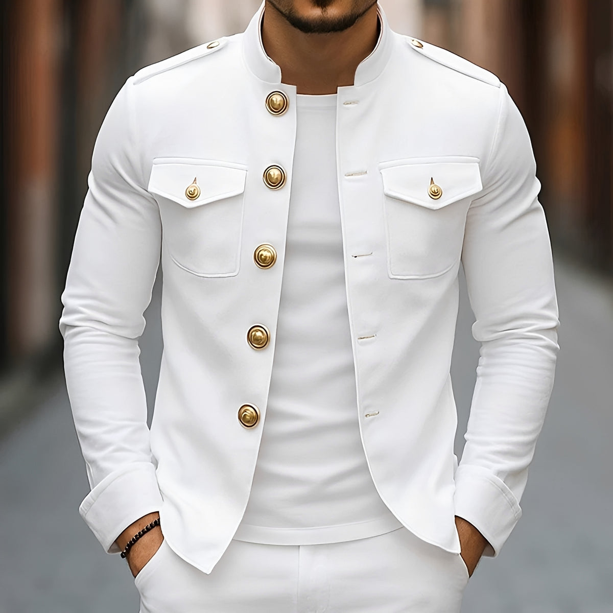 Veste homme style militaire à boutons, col montant et longues manches
