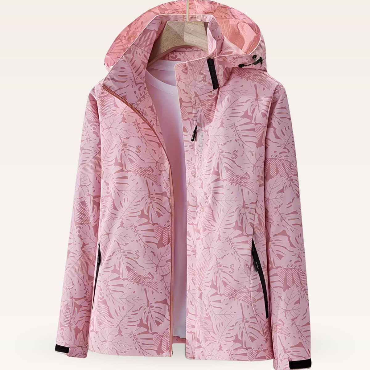 Veste imperméable pour femmes légère avec capuche ajustable et motif feuille