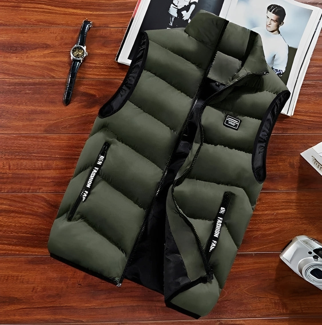 Veste sans manches homme matelassée col montant fermeture éclair plusieurs poches