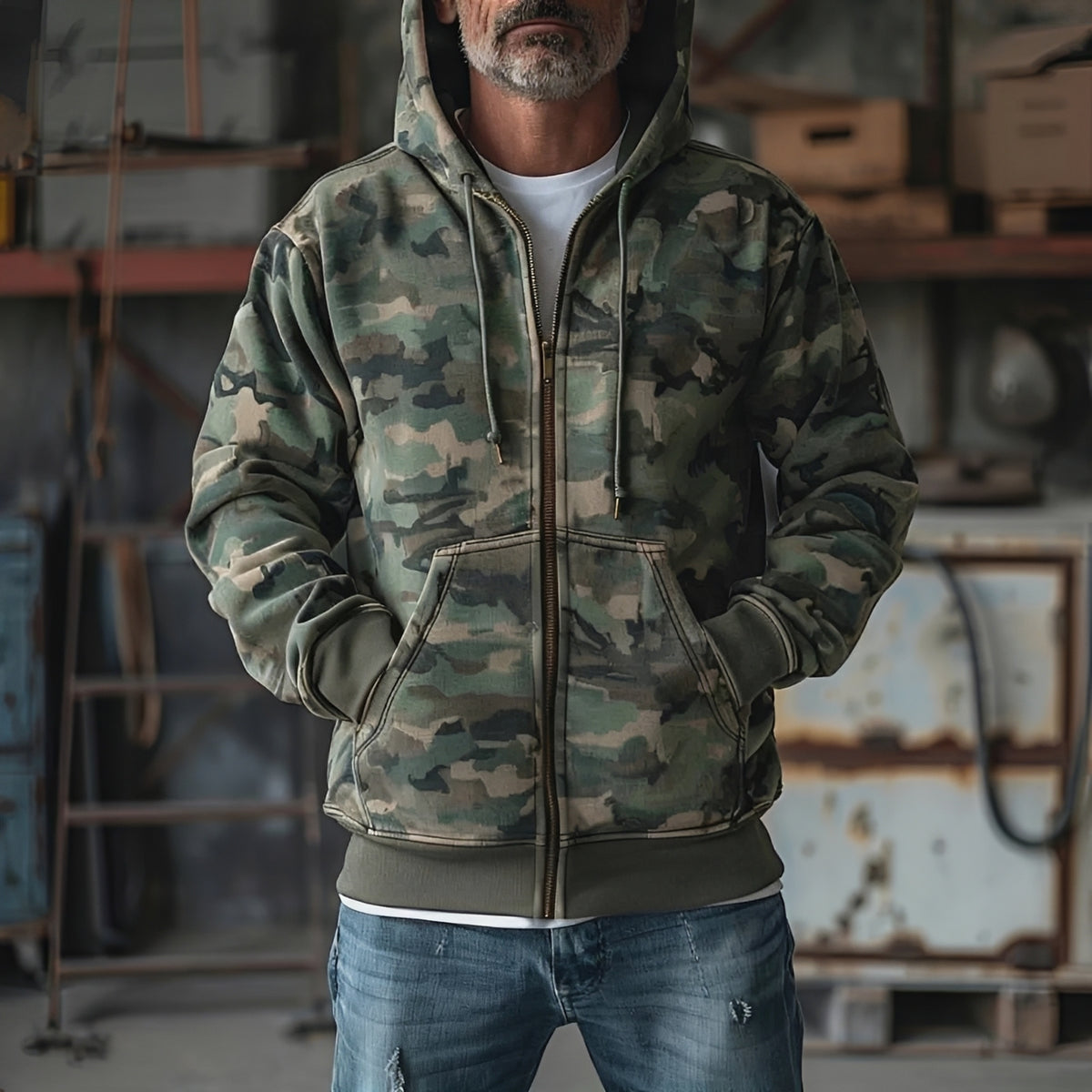Veste sweat à capuche homme à motif camouflage à fermeture éclair complète