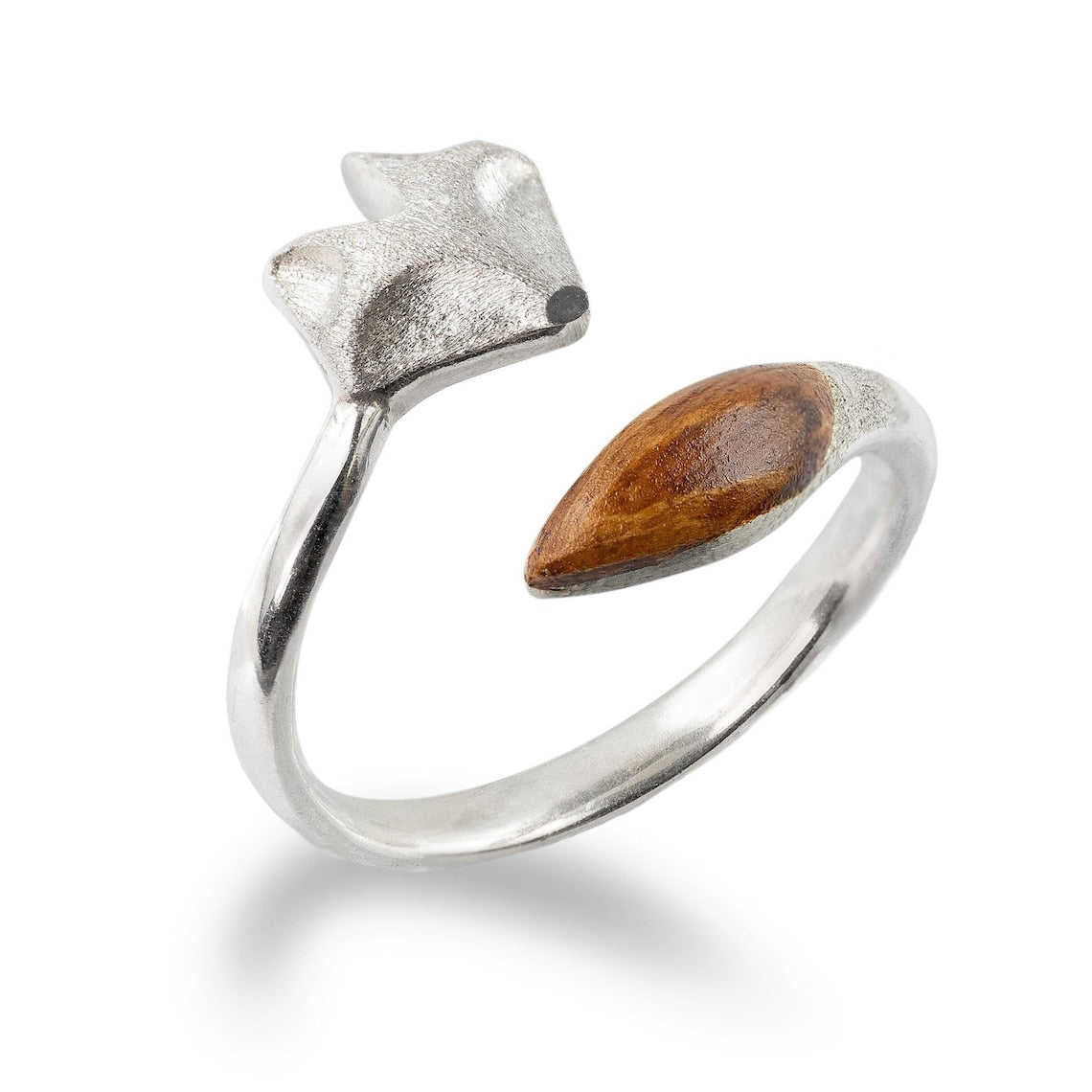 Bague ajustable en bois - Bague en visage de renard argenté