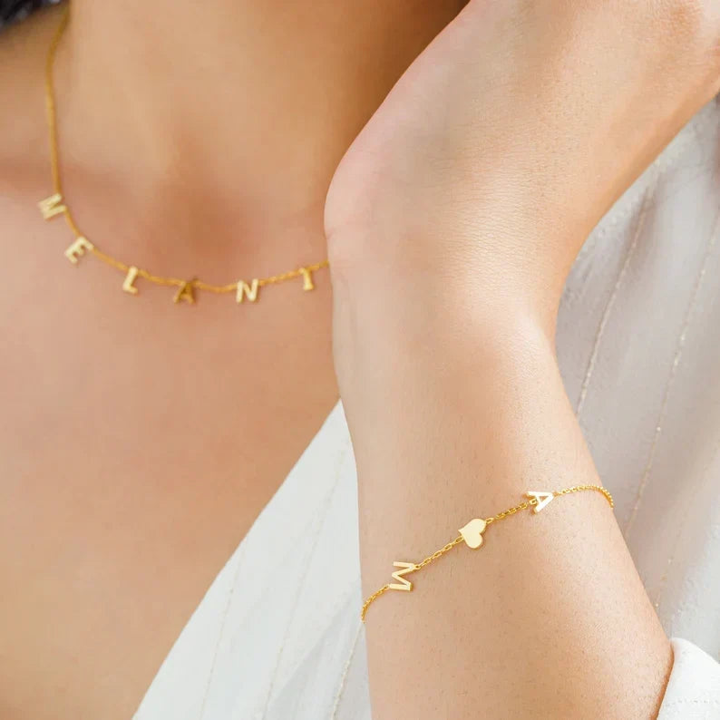 Bracelet Cœur avec Initiales Doubles - Bracelet Cœur d'Amour Double pour Elle