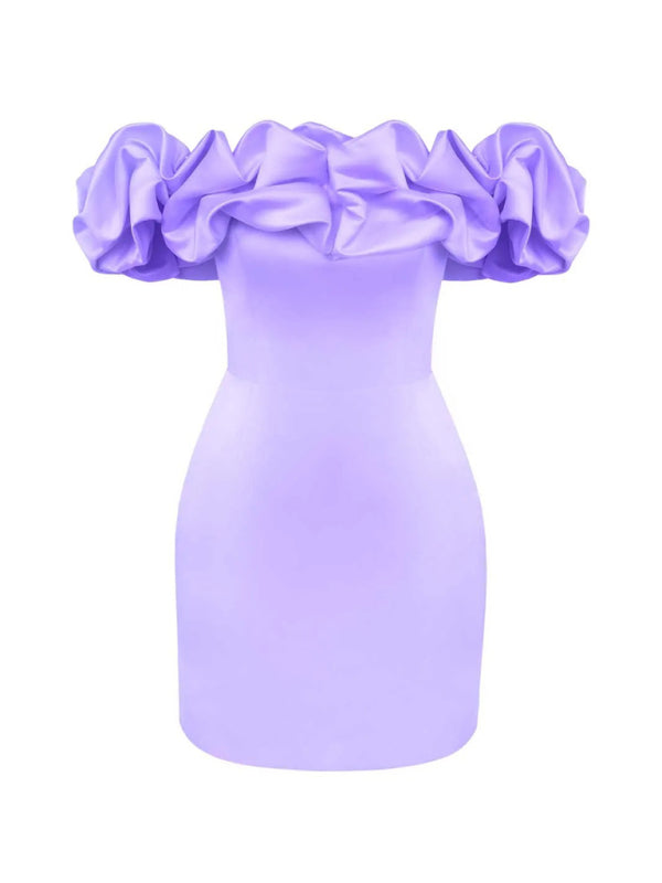 Waverly - Robe à volants en satin hors épaule