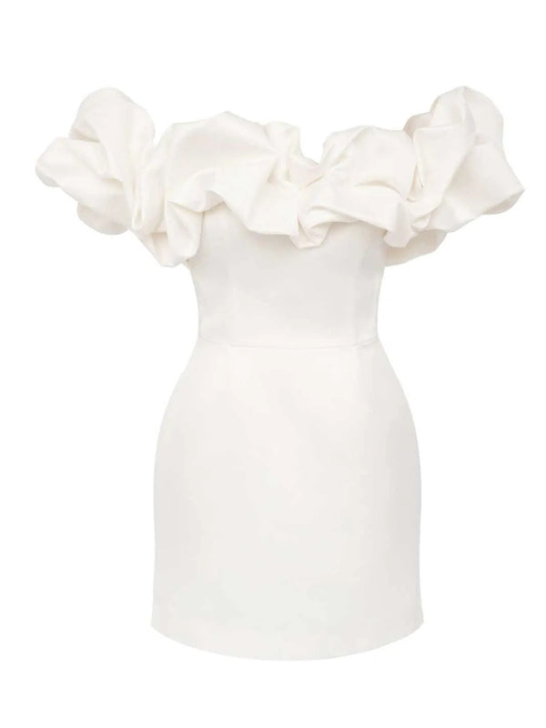 Waverly - Robe à volants en satin hors épaule