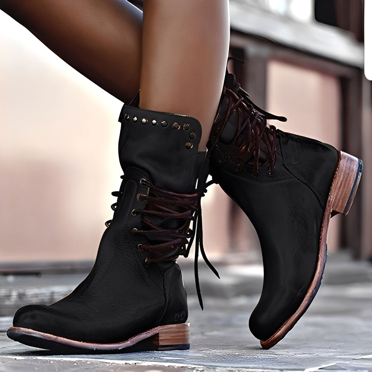 Lenora - Bottes en cuir rétro à talon bas pour femmes