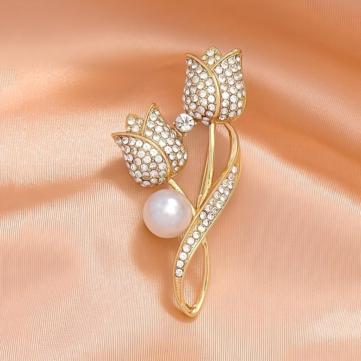 Jackie – Broche de tulipe dorée avec zircon et perle, or