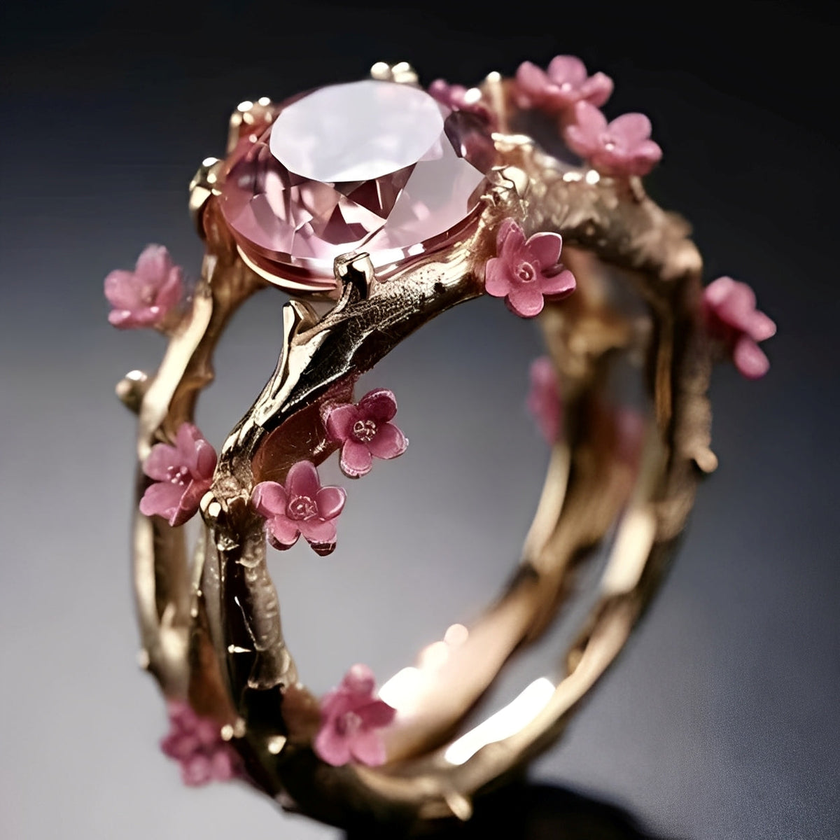 Elina – Bague dorée enchantée avec cristal rose et fleurs