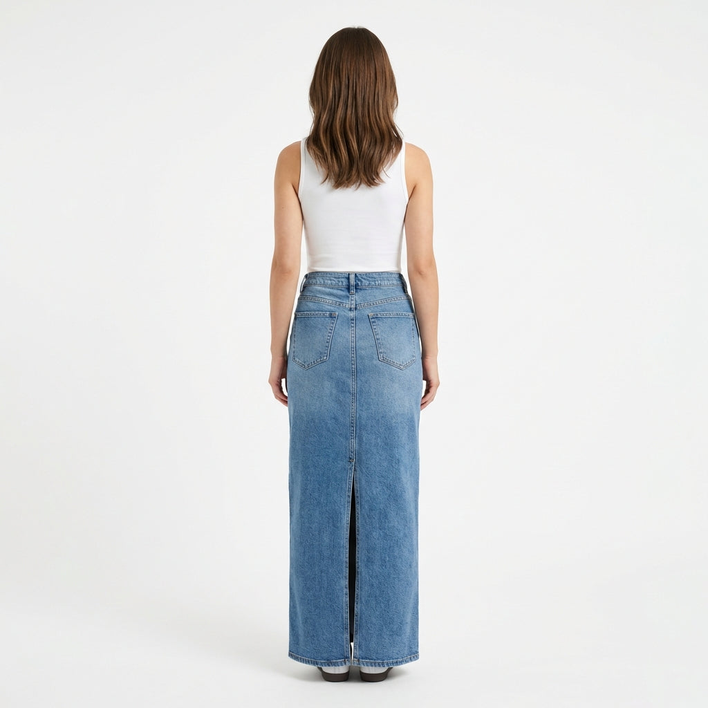 Jupe Longue en Denim - Bleu - Coton Mélangé - Femme