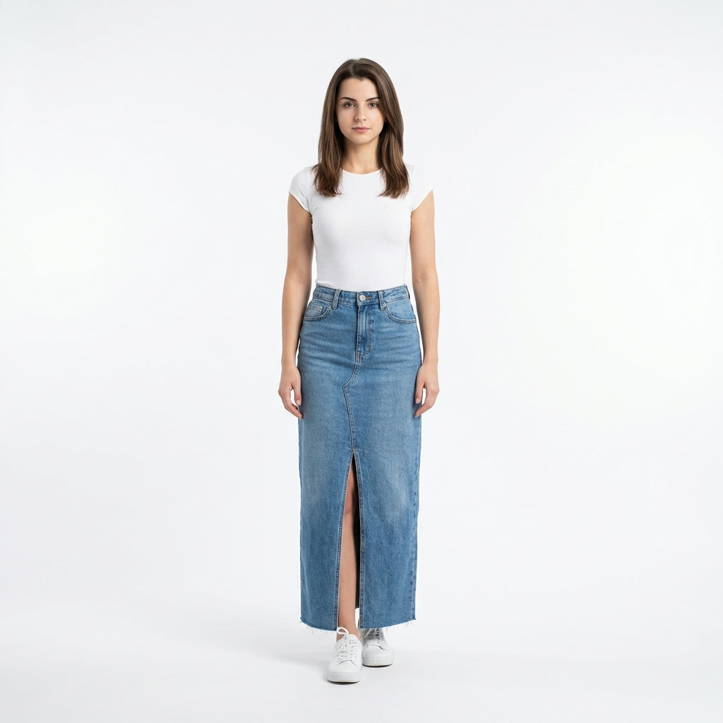 Jupe Longue en Denim - Bleu - Coton Mélangé - Femme