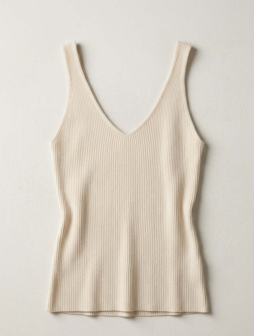 Débardeur Côtelé à Col V - Beige - Mélange de Polyester - Femme