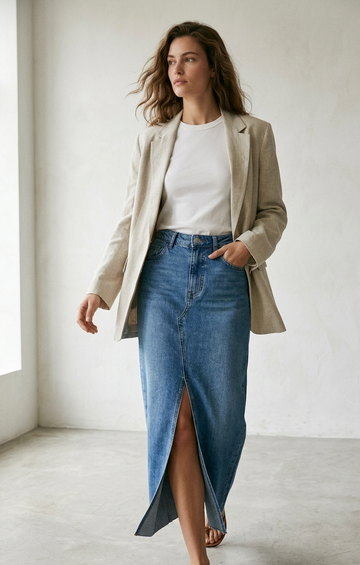 Jupe Longue en Denim - Bleu - Coton Mélangé - Femme