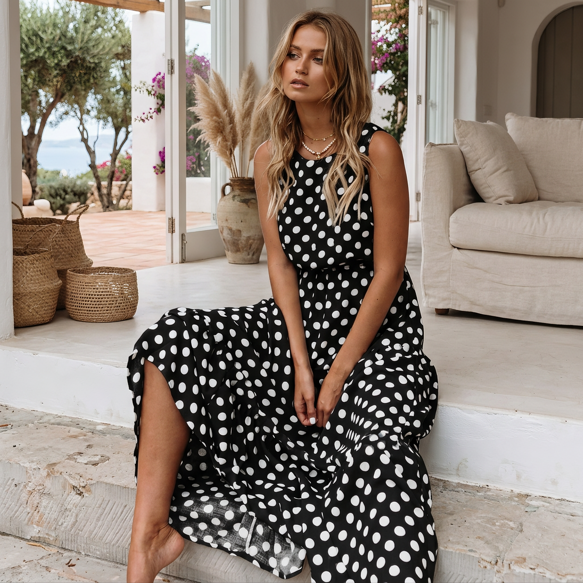 Edith - Robe Ample sans Manches à Pois