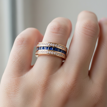 Ronan – Bague homme carrée avec cristaux et saphir doré