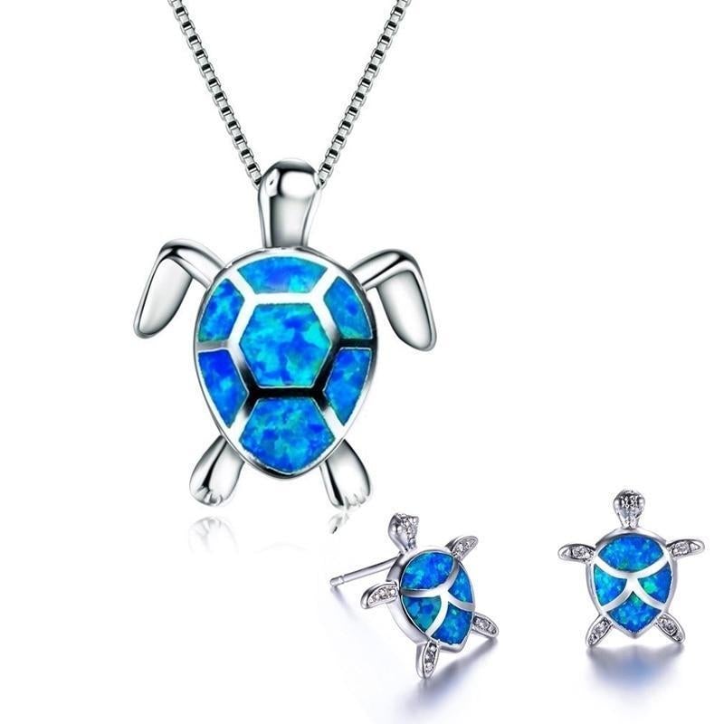 Kailea – Ensemble de bijoux en tortue d'opale et argent (collier + boucles d'oreilles)