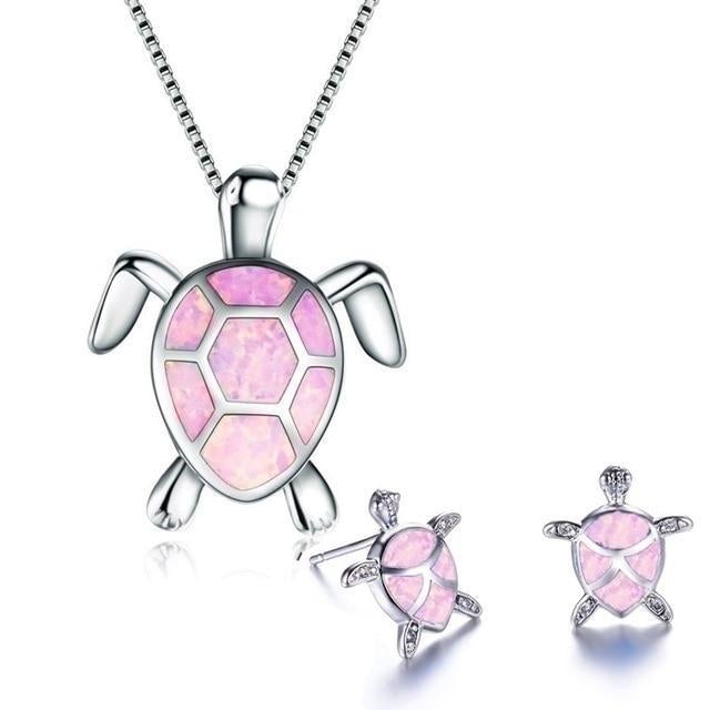 Kailea – Ensemble de bijoux en tortue d'opale et argent (collier + boucles d'oreilles)